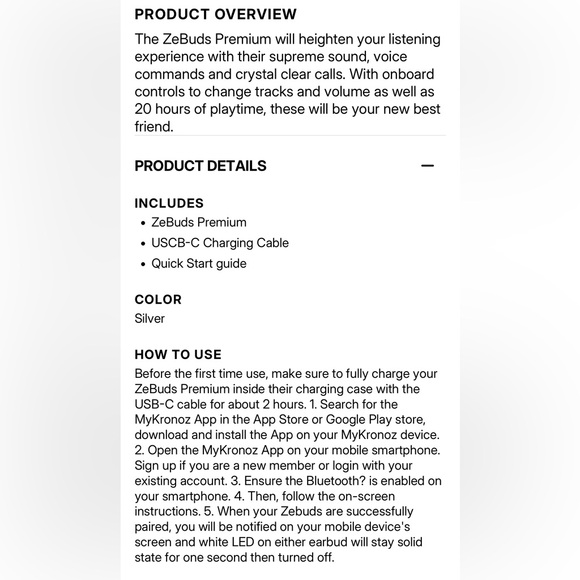 NFS MyKronoz ZEBUDS Premium Silver NIB Wireless Bluetooth In-Ear Headphones - Picture 5 of 16